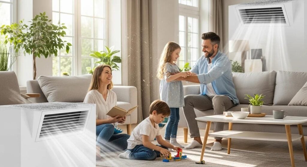 Family enjoying quality time in a bright living room with HVAC vents, emphasizing the importance of air quality and comfort in home environments.