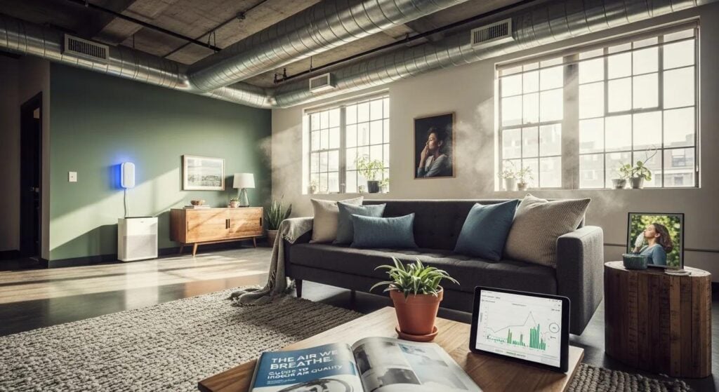 Modern living room with air quality monitor, plants, and data display, emphasizing indoor air quality and HVAC efficiency.
