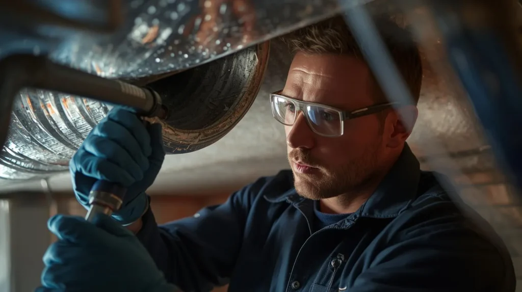 Technician inspecting and cleaning air ducts with tools, emphasizing HVAC maintenance for improved indoor air quality.