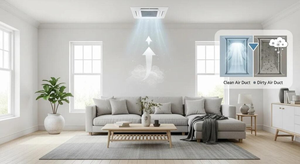 Living room with clean air duct illustration, showing comparison between clean and dirty air ducts, emphasizing benefits of duct cleaning for improved indoor air quality.