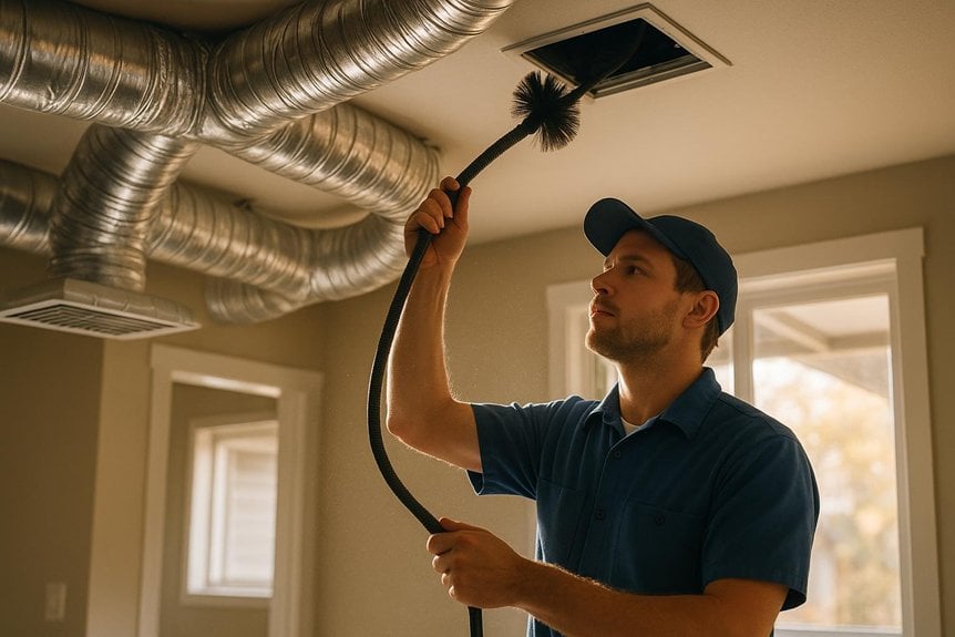 Man cleaning air ducts with a brush in a home setting, showcasing HVAC maintenance and indoor air quality improvement.
