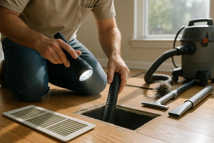 Person using a flashlight and vacuum hose to clean air ducts, with cleaning tools and a vent cover on wooden floor, illustrating DIY air duct cleaning.