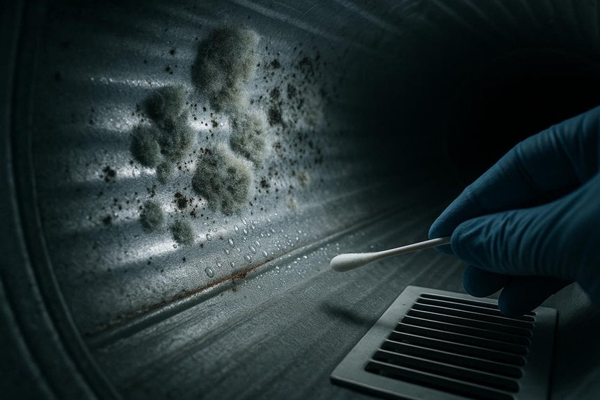 Hand in a blue glove inspecting air duct for mold with cotton swab, showing visible mold growth and moisture, relevant to air duct cleaning and indoor air quality.