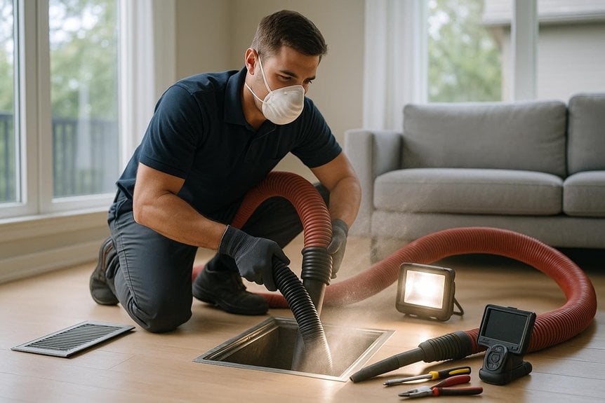 Professional wearing a mask cleaning air ducts with a vacuum hose, tools and lights nearby, highlighting air duct cleaning process.