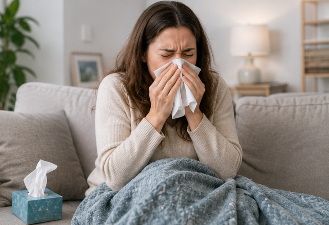 Woman blowing nose, illustrating poor indoor air quality and allergy symptoms.