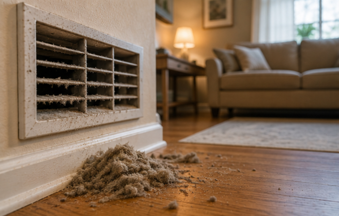 Dusty air vent and accumulated debris impacting HVAC efficiency in Northglenn home.