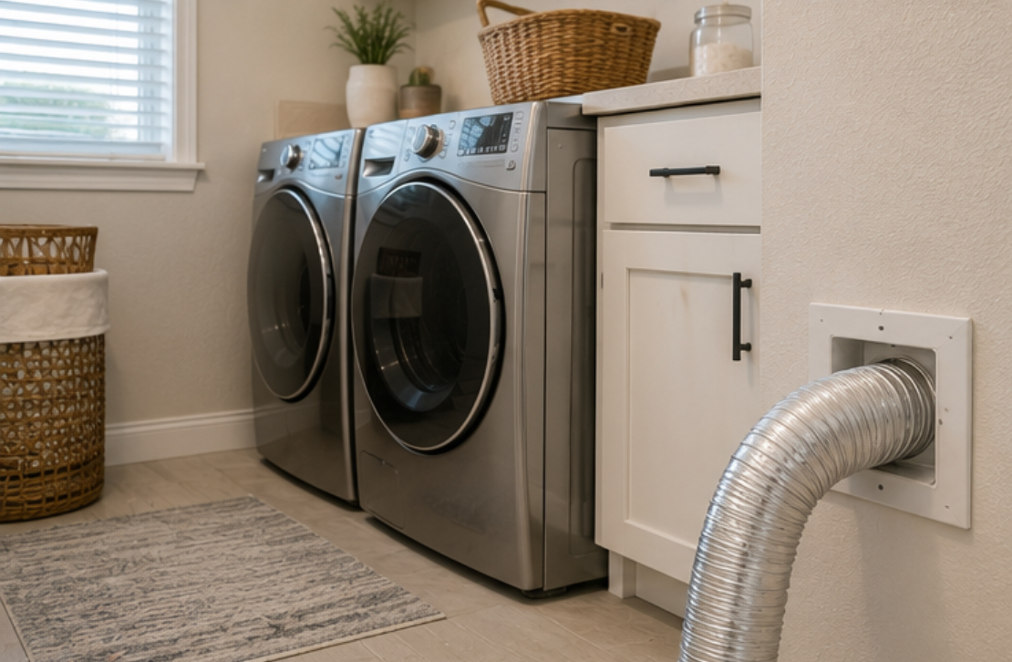 Dryer and washing machines with visible dryer vent and ductwork in Northglenn, CO laundry room.